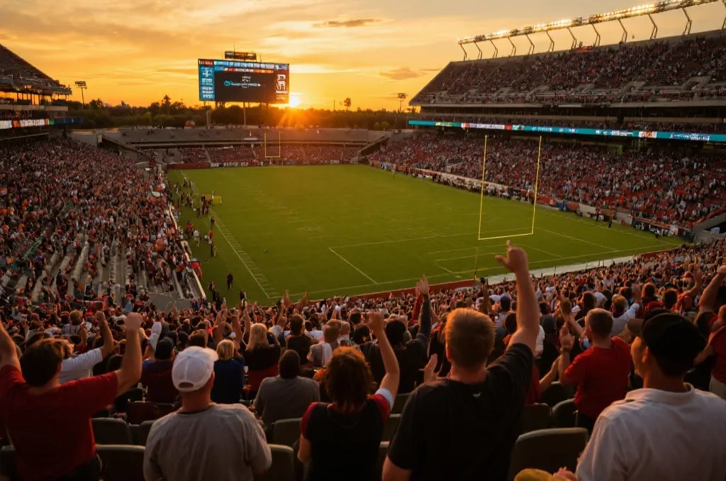A professional football stadium filled with cheering fans under dramatic golden hour sunset lighting, wide angle architectural photography